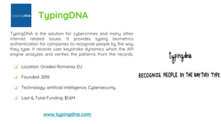 TypingDNA
TypingDNA is the solution for cybercrimes and many other
internet related issues. It provides typing biometrics
authentication for companies to recognize people by the way
they type. It records user keystroke dynamics which the API
engine analyzes and verifies the patterns from the records.
www.typingdna.com
❏ Location: Oradea Romania, EU
❏ Founded: 2016
❏ Technology: artificial intelligence, Cybersecurity
❏ Last & Total Funding: $1.6M
 