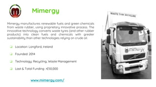 Mimergy
Mimergy manufactures renewable fuels and green chemicals
from waste rubber, using proprietary innovative process. The
innovative technology converts waste tyres (and other rubber
products) into clean fuels and chemicals with greater
sustainability than other technologies relying on crude oil.
www.mimergy.com/
❏ Location: Longford, Ireland
❏ Founded: 2014
❏ Technology: Recycling, Waste Management
❏ Last & Total Funding : €50,000
 
