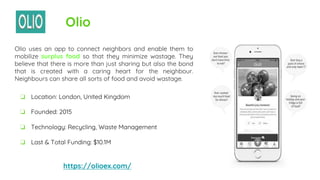 Olio
Olio uses an app to connect neighbors and enable them to
mobilize surplus food so that they minimize wastage. They
believe that there is more than just sharing but also the bond
that is created with a caring heart for the neighbour.
Neighbours can share all sorts of food and avoid wastage.
https://olioex.com/
❏ Location: London, United Kingdom
❏ Founded: 2015
❏ Technology: Recycling, Waste Management
❏ Last & Total Funding: $10.1M
 