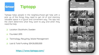 Tiptapp
Tiptapp helps people in the neighbourhood get help with a
pick up of the things they need to get rid of and claiming
valuable space in a Quick and convenient way. The app has
the client determine what they want to pay and when they
need the help.
https://www.tiptapp.com/
❏ Location: Stockholm, Sweden
❏ Founded: 2015
❏ Technology: Recycling, Waste Management
❏ Last & Total Funding: SEK26,000,000
 