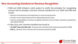 Page 10 Confidential & Proprietary
•FASB and IASB initiated a joint project to clarify the principles for recognizing
reve...
