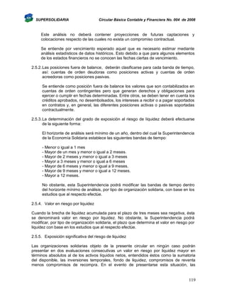 SUPERSOLIDARIA

Circular Básica Contable y Financiera No. 004 de 2008

Este análisis no deberá contener proyecciones de futuras captaciones y
colocaciones respecto de las cuales no exista un compromiso contractual.
Se entiende por vencimiento esperado aquel que es necesario estimar mediante
análisis estadísticos de datos históricos. Esto debido a que para algunos elementos
de los estados financieros no se conocen las fechas ciertas de vencimiento.
2.5.2. Las posiciones fuera de balance, deberán clasificarse para cada banda de tiempo,
así: cuentas de orden deudoras como posiciones activas y cuentas de orden
acreedoras como posiciones pasivas.
Se entiende como posición fuera de balance los valores que son contabilizados en
cuentas de orden contingentes pero que generan derechos y obligaciones para
ejercer o cumplir en fechas determinadas. Entre otros, se deben tener en cuenta los
créditos aprobados, no desembolsados, los intereses a recibir o a pagar soportados
en contratos y, en general, las diferentes posiciones activas o pasivas soportadas
contractualmente.
2.5.3. La determinación del grado de exposición al riesgo de liquidez deberá efectuarse
de la siguiente forma:
El horizonte de análisis será mínimo de un año, dentro del cual la Superintendencia
de la Economía Solidaria establece las siguientes bandas de tiempo:
- Menor o igual a 1 mes
- Mayor de un mes y menor o igual a 2 meses.
- Mayor de 2 meses y menor o igual a 3 meses
- Mayor a 3 meses y menor o igual a 6 meses
- Mayor de 6 meses y menor o igual a 9 meses.
- Mayor de 9 meses y menor o igual a 12 meses.
- Mayor a 12 meses.
No obstante, esta Superintendencia podrá modificar las bandas de tiempo dentro
del horizonte mínimo de análisis, por tipo de organización solidaria, con base en los
estudios que al respecto efectúe.
2.5.4. Valor en riesgo por liquidez
Cuando la brecha de liquidez acumulada para el plazo de tres meses sea negativa, ésta
se denominará valor en riesgo por liquidez. No obstante, la Superintendencia podrá
modificar, por tipo de organización solidaria, el plazo que determina el valor en riesgo por
liquidez con base en los estudios que al respecto efectúe.
2.5.5. Exposición significativa del riesgo de liquidez
Las organizaciones solidarias objeto de la presente circular en ningún caso podrán
presentar en dos evaluaciones consecutivas un valor en riesgo por liquidez mayor en
términos absolutos al de los activos líquidos netos, entendidos éstos como la sumatoria
del disponible, las inversiones temporales, fondo de liquidez, compromisos de reventa
menos compromisos de recompra. En el evento de presentarse esta situación, las

119

 