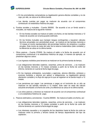 SUPERSOLIDARIA

Circular Básica Contable y Financiera No. 004 de 2008

 En los prometientes compradores su legalización genera efectos contables y no de
caja; por ello, se ubica en la última banda.
 Las demás cuentas por pagar se maduran de acuerdo con el compromiso
contractual o la estadística histórica de pago.
q. Fondos sociales y mutuales - Cuenta 260000. De acuerdo si es un fondo social o
mutuales, se madura de la siguiente manera:


En los fondos sociales se madura el saldo a la fecha, en las bandas menores a 12
meses de acuerdo con el presupuesto estimado.



En los fondos mutuales que manejan riesgos contingentes y requieren cálculos
técnicos actuariales con periodicidad anual, se madura en las bandas menores a
12 meses el monto representativo del porcentaje histórico de siniestros o auxilios
anuales. Este monto se resta del valor de la reserva matemática (dato contable) y
la diferencia se ubica en la última banda.

r. Otros pasivos - Cuenta 270000. Se madura el saldo a la fecha de acuerdo con el
compromiso contractual o la estadística histórica de pago. A manera de ejemplo, se
presentan algunos casos:
 Los ingresos recibidos para terceros se maduran en la primera banda de tiempo.
 Las obligaciones laborales (salarios, cesantías, prima de servicios….) se maduran
en las bandas menores a 12 meses contadas a partir de la fecha de corte del
informe, teniendo en cuenta la fecha legal de pago.
 En los ingresos anticipados, sucursales y agencias, abonos diferidos, anticipos y
avances recibidos y abonos por aplicar a obligaciones, su legalización genera
afectación contable y no flujo de caja por lo que se registran en la banda mayor a 12
meses.
 Las pensiones por pagar: Las pensiones a pagar en el horizonte de un año se
maduran en las bandas menores a 12 meses. Este valor se resta del cálculo
actuarial amortizado a la fecha de corte y la diferencia se ubica en la última banda.
 Los otros pasivos y diversos se maduran de acuerdo con el compromiso contractual
o a la estadística histórica de pago.
s. Pasivos estimados y provisiones - Cuenta 280000. Se madura el saldo a la fecha, así:
 Las obligaciones laborales (salarios, cesantías, prima de servicios….) se maduran
en las bandas menores a 12 meses contadas a partir de la fecha de corte del
informe teniendo en cuenta la fecha legal de pago.
 Los intereses causados y no pagados de los depósitos hasta la fecha de corte se
maduran entre la primera y tercera banda de tiempo dependiendo del tipo de
captación.

131

 