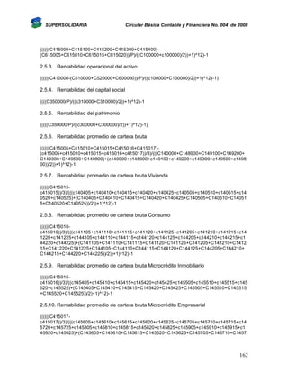 SUPERSOLIDARIA

Circular Básica Contable y Financiera No. 004 de 2008

((((((C415000+C415100+C415200+C415300+C415400)(C615005+C615010+C615015+C615020))/P)/((C100000+c100000)/2))+1)^12)-1

2.5.3. Rentabilidad operacional del activo
((((((C410000-(C510000+C520000+C600000))/P)/((c100000+C100000)/2))+1)^12)-1)

2.5.4. Rentabilidad del capital social
((((C350000/P)/((c310000+C310000)/2))+1)^12)-1

2.5.5. Rentabilidad del patrimonio
(((((C350000/P)/((c300000+C300000)/2))+1)^12)-1)

2.5.6. Rentabilidad promedio de cartera bruta
((((((C415005+C415010+C415015+C415016+C415017)(c415005+c415010+c415015+c415016+c415017))/3)/(((C140000+C148900+C149100+C149200+
C149300+C149500+C149800)+(c140000+c148900+c149100+c149200+c149300+c149500+c1498
00))/2))+1)^12)-1

2.5.7. Rentabilidad promedio de cartera bruta Vivienda
((((((C415015c415015))/3)/(((c140405+c140410+c140415+c140420+c140425+c140505+c140510+c140515+c14
0520+c140525)+(C140405+C140410+C140415+C140420+C140425+C140505+C140510+C14051
5+C140520+C140525))/2))+1)^12)-1

2.5.8. Rentabilidad promedio de cartera bruta Consumo
((((((C415010c415010))/3)/(((c141105+c141110+c141115+c141120+c141125+c141205+c141210+c141215+c14
1220+c141225+c144105+c144110+c144115+c144120+c144125+c144205+c144210+c144215+c1
44220+c144225)+(C141105+C141110+C141115+C141120+C141125+C141205+C141210+C1412
15+C141220+C141225+C144105+C144110+C144115+C144120+C144125+C144205+C144210+
C144215+C144220+C144225))/2))+1)^12)-1

2.5.9. Rentabilidad promedio de cartera bruta Microcrédito Inmobiliario
((((((C415016c415016))/3)/((c145405+c145410+c145415+c145420+c145425+c145505+c145510+c145515+c145
520+c145525)+(C145405+C145410+C145415+C145420+C145425+C145505+C145510+C145515
+C145520+C145525))/2)+1)^12)-1

2.5.10. Rentabilidad promedio de cartera bruta Microcrédito Empresarial
((((((C415017c415017))/3)/(((c145605+c145610+c145615+c145620+c145625+c145705+c145710+c145715+c14
5720+c145725+c145805+c145810+c145815+c145820+c145825+c145905+c145910+c145915+c1
45920+c145925)+(C145605+C145610+C145615+C145620+C145625+C145705+C145710+C1457

162

 