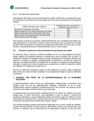 SUPERSOLIDARIA

Circular Básica Contable y Financiera No. 004 de 2008

6.3.3. Para garantías hipotecarias
Dependiendo del tiempo de mora del respectivo crédito, solamente se considerarán para
la constitución de provisiones los porcentajes del valor total de la garantía de la siguiente
manera:
TIEMPO DE MORA DEL CRÉDITO
De cero (0) a dieciocho (18) meses
Más de dieciocho (18) y hasta veinticuatro (24) meses
Más de veinticuatro (24) y hasta treinta (30) meses
Más de treinta (30) y hasta treinta y seis (36) meses
Más de treinta y seis (36) meses

PORCENTAJE DEL VALOR DE LA
GARANTÍA QUE SE APLICA
70%
50%
30%
15%
0%

Para calcular el valor de la garantía, independientemente de la modalidad del crédito que
esté garantizando, se tendrá en cuenta su valor de mercado, que corresponde al avalúo
del bien dado en garantía al momento del otorgamiento del crédito. En este caso, el valor
del bien no podrá ajustarse por métodos distintos al de un nuevo avalúo.
6.4.

Provisión cuentas por cobrar derivadas de operaciones de crédito

En todos los casos, cuando un crédito se califique en C o en otra categoría de mayor
riesgo, dejarán de causarse intereses e ingresos por otros conceptos; por lo tanto, no
afectarán el estado de resultados hasta que sean efectivamente recaudados. Mientras se
produce su recaudo, el registro correspondiente se efectuará en cuentas de orden. En
este caso, se deberá provisionar la totalidad de lo causado y no pagado correspondiente a
intereses e ingresos por otros conceptos que se generaron cuando el respectivo crédito
fue calificado en categorías de riesgo A y B.
Cuando el capital del respectivo crédito ha sido calificado de mayor riesgo, igualmente
esta cuenta por cobrar se debe reclasificar en la categoría de riesgo en que fue calificado
su principal.
7. CONTROL POR PARTE DE LA SUPERINTENDENCIA DE LA ECONOMÍA
SOLIDARIA
La Superintendencia podrá revisar las clasificaciones, calificaciones y provisiones que
realicen cada una de las organizaciones solidarias, ordenando, si es el caso,
modificaciones cuando constate la inobservancia de lo aquí previsto, sin perjuicio de las
sanciones personales e institucionales a que haya lugar.
La Superintendencia podrá ordenar recalificaciones de la cartera de créditos (en mayor
riesgo) para un sector económico, zona geográfica o para un deudor o conjunto de
deudores individuales o cuyas obligaciones deban acumularse según las reglas de cupos
individuales de endeudamiento, cuando haya razones que lo justifiquen, de acuerdo con
la situación económica que presente dicho sector o región.
Los créditos otorgados deberán permanecer registrados en la cuenta “cartera de créditos”
durante el tiempo pactado, es decir desde su desembolso hasta su cancelación total, aún
cuando un asociado que se desvincule de la organización solidaria ya sea por retiro

46

 