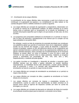 SUPERSOLIDARIA

Circular Básica Contable y Financiera No. 004 de 2008

2.1. Amortización de los cargos diferidos
La amortización de los cargos diferidos debe reconocerse a partir de la fecha en que
contribuyan a la generación de ingresos y su contabilización se debe realizar en las
cuentas del gasto 512010 o 526520, teniendo en cuenta lo siguiente:
a. Los cargos diferidos por concepto de organización y preoperativos, relacionados con
la puesta en marcha de la organización solidaria, se deben amortizar en el menor
tiempo entre el estimado para su recuperación en el estudio de factibilidad y la
duración del proyecto específico que lo originó, sin que exceda, en todo caso, de cinco
(5) años.
b. Los programas para computador (software) se amortizarán en un período no mayor a
tres (3) años; las adiciones o actualizaciones a los mismos que no cumplan con los
topes señalados no se podrán diferir.
Sin embargo, cuando se trate de programas de avanzada tecnología que constituyan
una plataforma global que permita el crecimiento futuro de la organización solidaria
acorde con los avances del mercado y cuyos costos de desarrollo o adquisición,
incluido el hardware, superen el 30% del patrimonio técnico en las cooperativas que
ejercen actividad financiera o patrimonio total en las organizaciones solidarias que no
ejercen actividad financiera, previo concepto de la Superintendencia de la Economía
Solidaria, se podrán diferir, sin incluir el hardware, a cinco (5) años a partir del
momento en que cada producto inicia su etapa productiva, mediante un programa
gradual y ascendente con porcentajes del 10%, 15%, 20%, 25% y 30%,
respectivamente, o mediante alícuotas iguales.
c. Los gastos incurridos en investigación y desarrollo de estudios y proyectos serán
diferibles siempre que los costos y gastos atribuibles se puedan identificar
separadamente, su factibilidad técnica esté demostrada y existan planes definidos
para la producción y venta y su mercado esté razonablemente definido. Su
amortización se hará en un período no mayor de dos (2) años.
d. Los cargos diferidos por concepto de remodelación se amortizarán en un período no
mayor a dos (2) años.
e. Los cargos diferidos por concepto de útiles y papelería se amortizarán en función
directa con el consumo.
f.

Los cargos diferidos por concepto de mejoras a propiedades tomadas en
arrendamiento, cuando su costo no sea reembolsable, se deben amortizar en el
período menor entre la vigencia del respectivo contrato (sin tener en cuenta las
prórrogas) y su vida útil.

g. Los cargos diferidos por concepto de descuento en colocación de títulos de inversión
se amortizarán durante el plazo para la redención o conversión de los títulos.

55

 