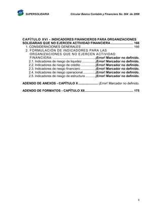 SUPERSOLIDARIA

Circular Básica Contable y Financiera No. 004 de 2008

CAPÍTULO XVI - INDICADORES FINANCIEROS PARA ORGANIZACIONES
SOLIDARIAS QUE NO EJERCEN ACTIVIDAD FINANCIERA ......................... 166
1. CONSIDERACIONES GENERALES .......................................................... 166
2. FORMULACIÓN DE INDICADORES PARA LAS
ORGANIZACIONES QUE NO EJERCEN ACT IVIDAD
FINANCIERA: ...............................................¡Error! Marcador no definido.
2.1. Indicadores de riesgo de liquidez ...............¡Error! Marcador no definido.
2.2. Indicadores de riesgo de crédito ................¡Error! Marcador no definido.
2.3. Indicadores de riesgo financiero .................¡Error! Marcador no definido.
2.4. Indicadores de riesgo operacional ..............¡Error! Marcador no definido.
2.5. Indicadores de riesgo de estructura ...........¡Error! Marcador no definido.
ADENDO DE ANEXOS - CAPÍTULO X ...................... ¡Error! Marcador no definido.
ADENDO DE FORMATOS - CAPÍTULO XII ...................................................... 175

8

 