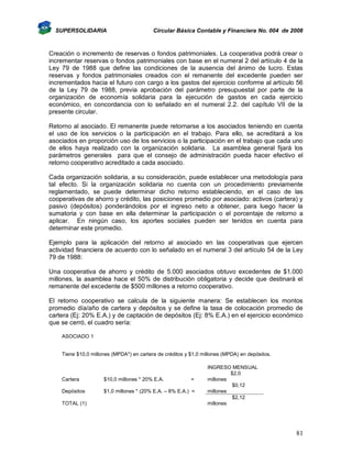 SUPERSOLIDARIA

Circular Básica Contable y Financiera No. 004 de 2008

Creación o incremento de reservas o fondos patrimoniales. La cooperativa podrá crear o
incrementar reservas o fondos patrimoniales con base en el numeral 2 del artículo 4 de la
Ley 79 de 1988 que define las condiciones de la ausencia del ánimo de lucro. Estas
reservas y fondos patrimoniales creados con el remanente del excedente pueden ser
incrementados hacia el futuro con cargo a los gastos del ejercicio conforme al artículo 56
de la Ley 79 de 1988, previa aprobación del parámetro presupuestal por parte de la
organización de economía solidaria para la ejecución de gastos en cada ejercicio
económico, en concordancia con lo señalado en el numeral 2.2. del capítulo VII de la
presente circular.
Retorno al asociado. El remanente puede retornarse a los asociados teniendo en cuenta
el uso de los servicios o la participación en el trabajo. Para ello, se acreditará a los
asociados en proporción uso de los servicios o la participación en el trabajo que cada uno
de ellos haya realizado con la organización solidaria. La asamblea general fijará los
parámetros generales para que el consejo de administración pueda hacer efectivo el
retorno cooperativo acreditado a cada asociado.
Cada organización solidaria, a su consideración, puede establecer una metodología para
tal efecto. Si la organización solidaria no cuenta con un procedimiento previamente
reglamentado, se puede determinar dicho retorno estableciendo, en el caso de las
cooperativas de ahorro y crédito, las posiciones promedio por asociado: activos (cartera) y
pasivo (depósitos) ponderándolos por el ingreso neto a obtener, para luego hacer la
sumatoria y con base en ella determinar la participación o el porcentaje de retorno a
aplicar. En ningún caso, los aportes sociales pueden ser tenidos en cuenta para
determinar este promedio.
Ejemplo para la aplicación del retorno al asociado en las cooperativas que ejercen
actividad financiera de acuerdo con lo señalado en el numeral 3 del artículo 54 de la Ley
79 de 1988:
Una cooperativa de ahorro y crédito de 5.000 asociados obtuvo excedentes de $1.000
millones, la asamblea hace el 50% de distribución obligatoria y decide que destinará el
remanente del excedente de $500 millones a retorno cooperativo.
El retorno cooperativo se calcula de la siguiente manera: Se establecen los montos
promedio día/año de cartera y depósitos y se define la tasa de colocación promedio de
cartera (Ej: 20% E.A.) y de captación de depósitos (Ej: 8% E.A.) en el ejercicio económico
que se cerró, el cuadro sería:
ASOCIADO 1

Tiene $10,0 millones (MPDA*) en cartera de créditos y $1,0 millones (MPDA) en depósitos.

Cartera

$10,0 millones * 20% E.A.

Depósitos

$1,0 millones * (20% E.A. – 8% E.A.) =

TOTAL (1)

=

INGRESO MENSUAL
$2,0
millones
$0,12
millones
$2,12
millones

81

 
