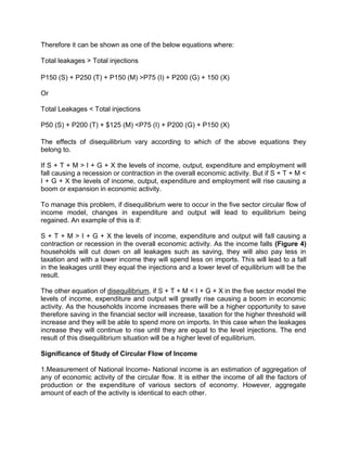 Therefore it can be shown as one of the below equations where:

Total leakages > Total injections

P150 (S) + P250 (T) + P150 (M) >P75 (I) + P200 (G) + 150 (X)

Or

Total Leakages < Total injections

P50 (S) + P200 (T) + $125 (M) <P75 (I) + P200 (G) + P150 (X)

The effects of disequilibrium vary according to which of the above equations they
belong to.

If S + T + M > I + G + X the levels of income, output, expenditure and employment will
fall causing a recession or contraction in the overall economic activity. But if S + T + M <
I + G + X the levels of income, output, expenditure and employment will rise causing a
boom or expansion in economic activity.

To manage this problem, if disequilibrium were to occur in the five sector circular flow of
income model, changes in expenditure and output will lead to equilibrium being
regained. An example of this is if:

S + T + M > I + G + X the levels of income, expenditure and output will fall causing a
contraction or recession in the overall economic activity. As the income falls (Figure 4)
households will cut down on all leakages such as saving, they will also pay less in
taxation and with a lower income they will spend less on imports. This will lead to a fall
in the leakages until they equal the injections and a lower level of equilibrium will be the
result.

The other equation of disequilibrium, if S + T + M < I + G + X in the five sector model the
levels of income, expenditure and output will greatly rise causing a boom in economic
activity. As the households income increases there will be a higher opportunity to save
therefore saving in the financial sector will increase, taxation for the higher threshold will
increase and they will be able to spend more on imports. In this case when the leakages
increase they will continue to rise until they are equal to the level injections. The end
result of this disequilibrium situation will be a higher level of equilibrium.

Significance of Study of Circular Flow of Income

1.Measurement of National Income- National income is an estimation of aggregation of
any of economic activity of the circular flow. It is either the income of all the factors of
production or the expenditure of various sectors of economy. However, aggregate
amount of each of the activity is identical to each other.
 