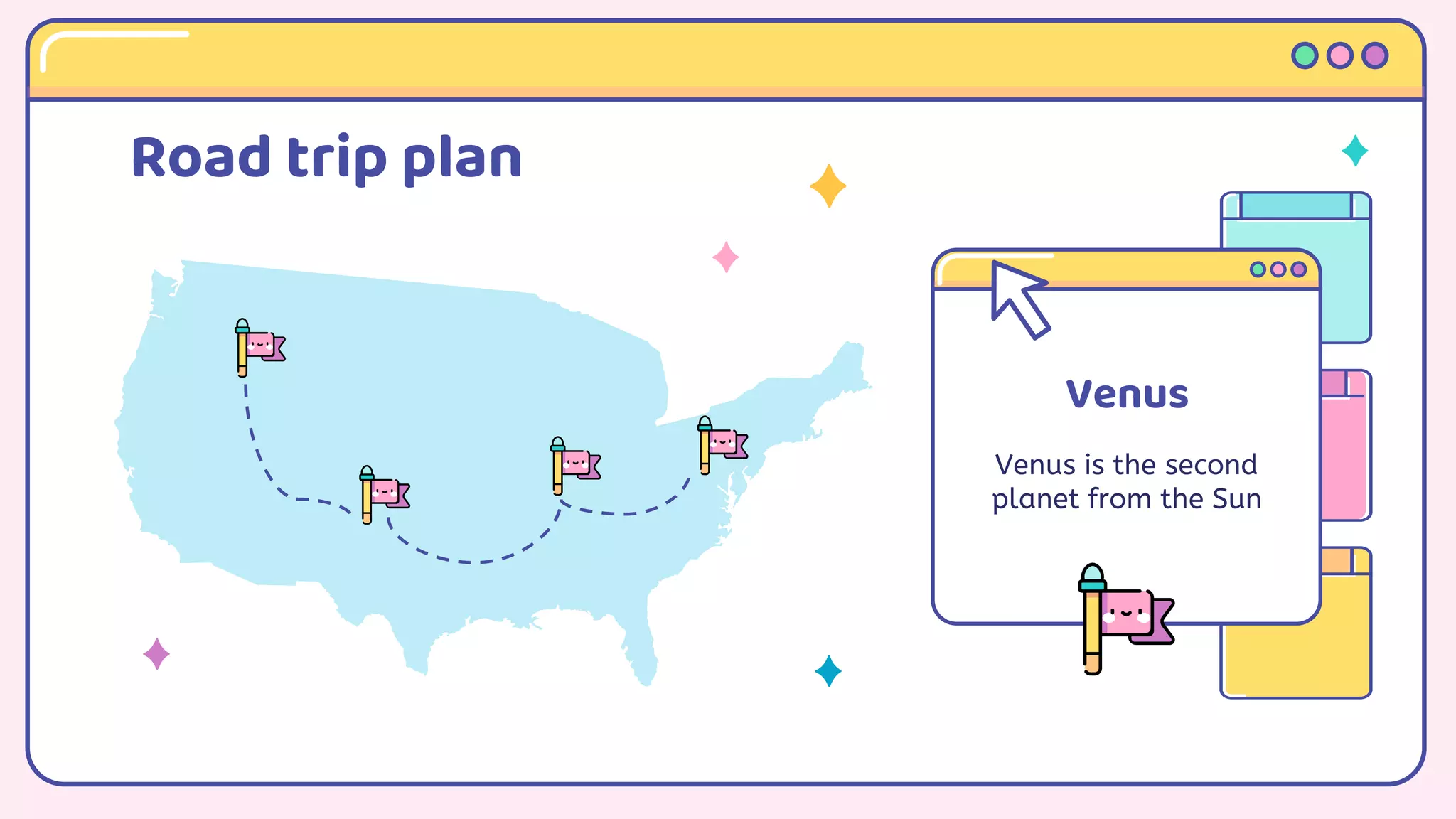 Road trip plan
Venus
Venus is the second
planet from the Sun
 