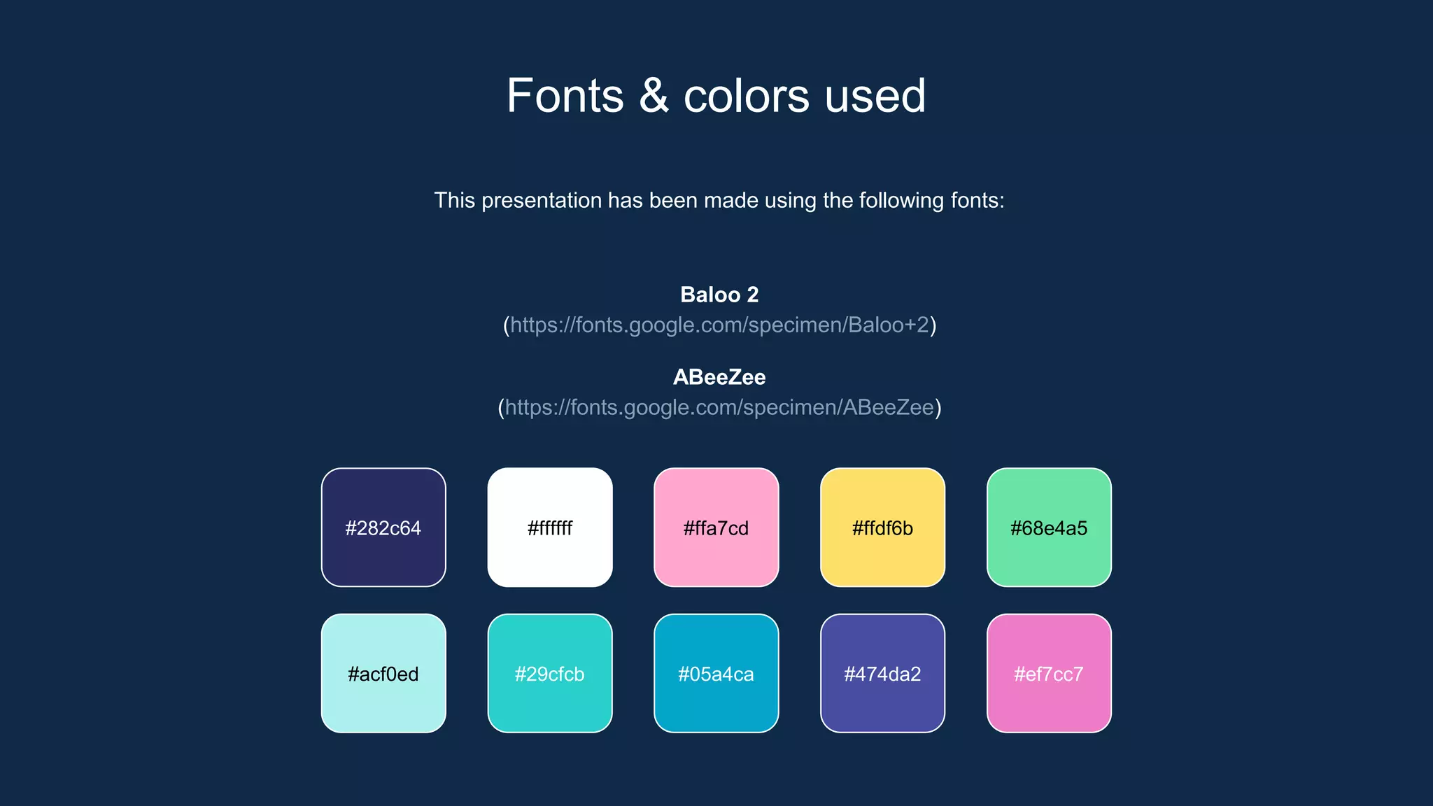 This presentation has been made using the following fonts:
Baloo 2
(https://fonts.google.com/specimen/Baloo+2)
ABeeZee
(https://fonts.google.com/specimen/ABeeZee)
#282c64 #ffffff #ffa7cd #ffdf6b
#acf0ed #29cfcb #05a4ca #474da2
#68e4a5
#ef7cc7
Fonts & colors used
 