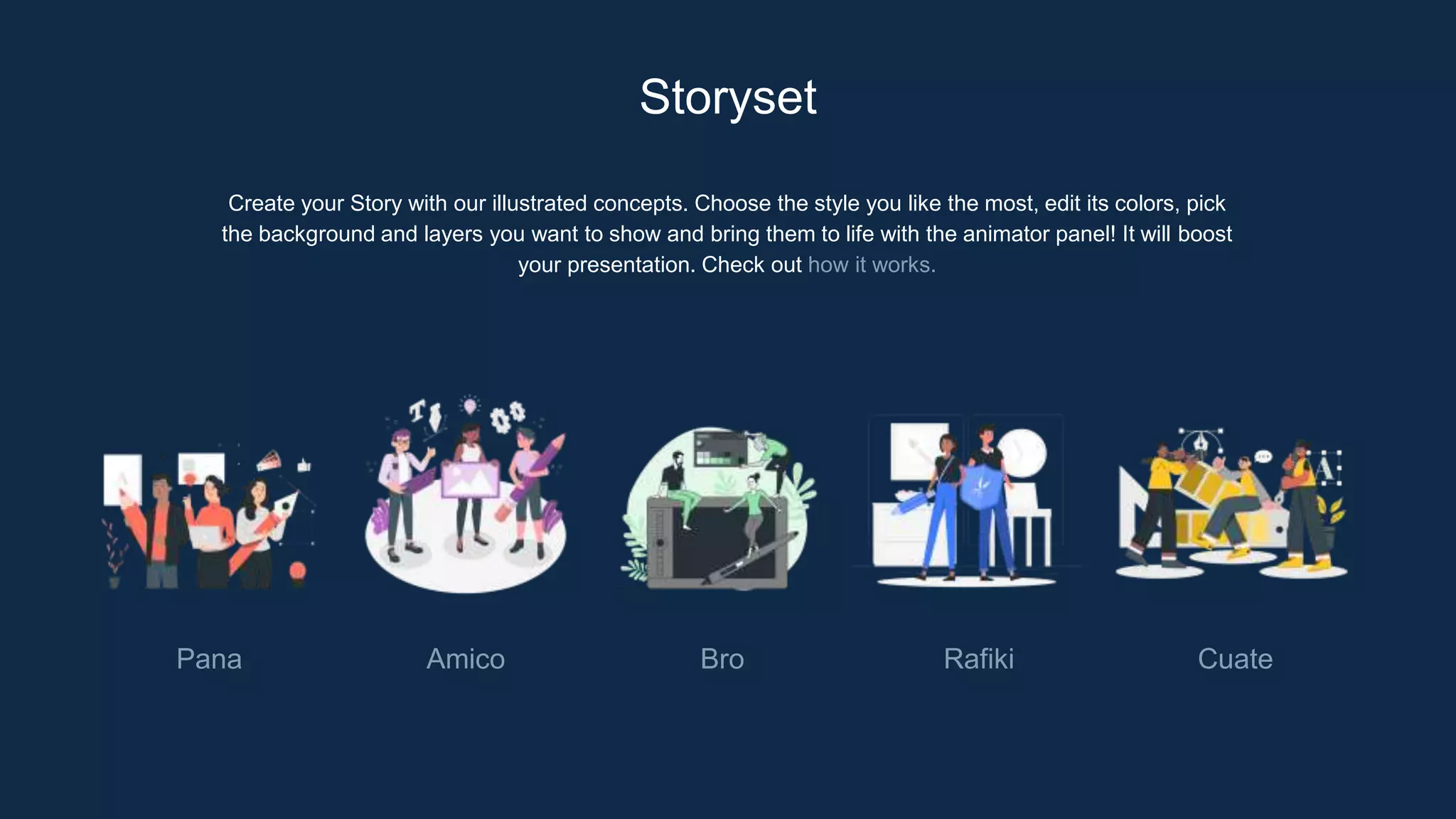 Create your Story with our illustrated concepts. Choose the style you like the most, edit its colors, pick
the background and layers you want to show and bring them to life with the animator panel! It will boost
your presentation. Check out how it works.
Storyset
Pana Amico Bro Rafiki Cuate
 