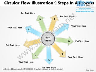Circular Flow Illustration 9 Steps In A Process

                Put Text Here
                                                Put Text Here



                                                          Your Text Here
 Your Text Here



                                   Text
                                   Here                         Put Text Here
Put Text Here




                                                       Your Text Here
                                      5
           Your Text Here

                                Put Text Here
                                                                          Your Logo
 