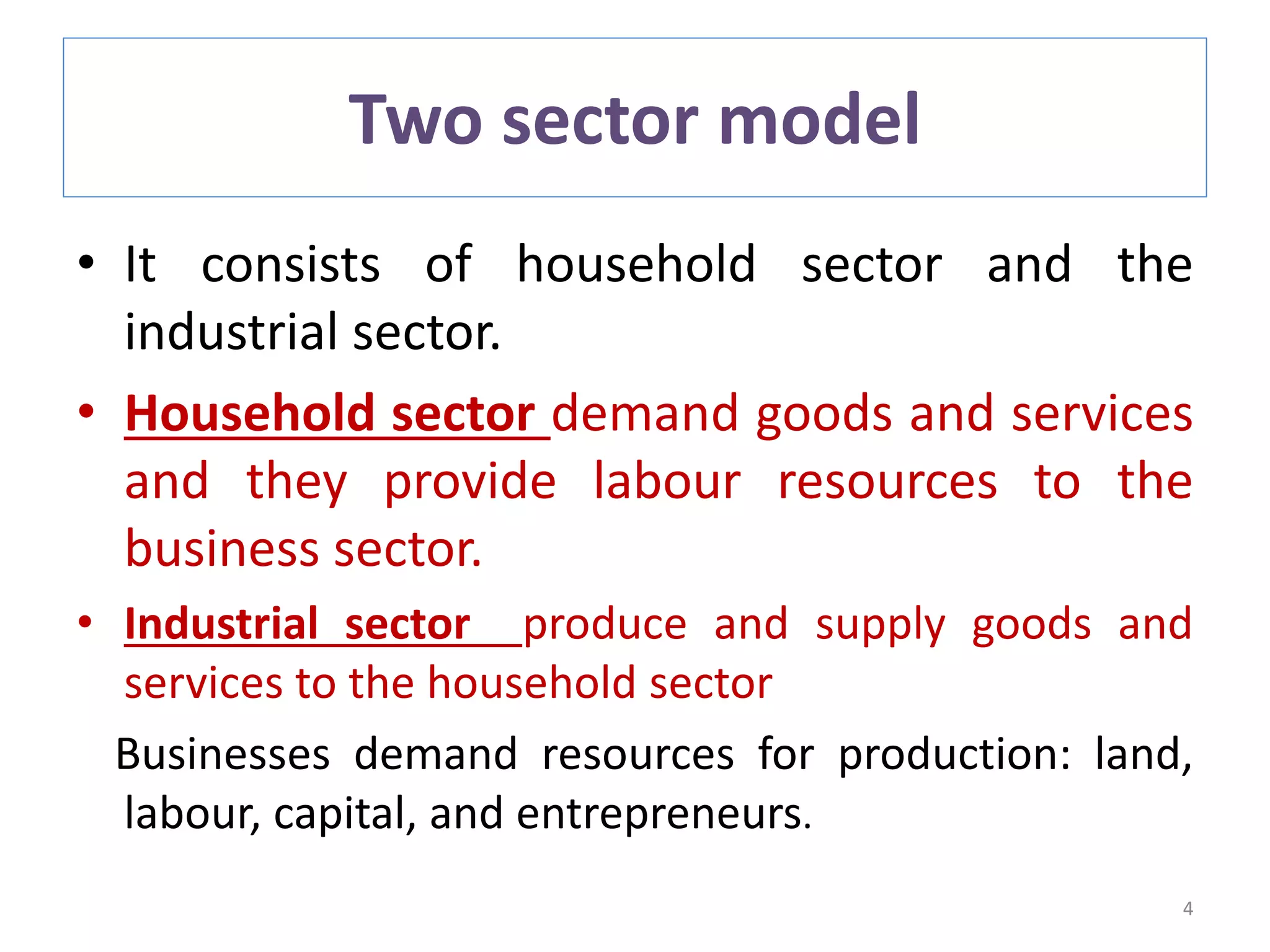 Two sector model
• It consists of household sector and the
industrial sector.
• Household sector demand goods and services
and they provide labour resources to the
business sector.
• Industrial sector produce and supply goods and
services to the household sector
Businesses demand resources for production: land,
labour, capital, and entrepreneurs.
4
 