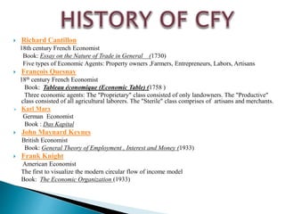  Richard Cantillon
18th century French Economist
Book: Essay on the Nature of Trade in General (1730)
Five types of Economic Agents: Property owners ,Farmers, Entrepreneurs, Labors, Artisans
 François Quesnay
18th century French Economist
Book: Tableau économique (Economic Table) (1758 )
Three economic agents: The "Proprietary" class consisted of only landowners. The "Productive"
class consisted of all agricultural laborers. The "Sterile" class comprises of artisans and merchants.
 Karl Marx
German Economist
Book : Das Kapital
 John Maynard Keynes
British Economist
Book: General Theory of Employment , Interest and Money (1933)
 Frank Knight
American Economist
The first to visualize the modern circular flow of income model
Book: The Economic Organization (1933)
 