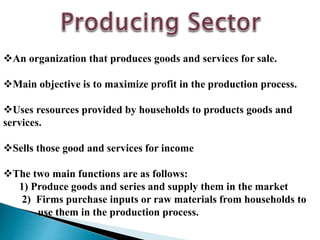 An organization that produces goods and services for sale.
Main objective is to maximize profit in the production process.
Uses resources provided by households to products goods and
services.
Sells those good and services for income
The two main functions are as follows:
1) Produce goods and series and supply them in the market
2) Firms purchase inputs or raw materials from households to
use them in the production process.
 