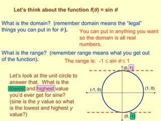 Let’s think about the function  f (  ) = sin   What is the domain?  (remember domain means the “legal” things you can put in for     ). You can put in anything you want so the domain is all real numbers. What is the range?  (remember range means what you get out of the function) . The range is:  -1    sin       1 (1, 0) (0, 1) (-1, 0) (0, -1) Let’s look at the unit circle to answer that.  What is the lowest and highest value you’d ever get for sine?  (sine is the  y  value so what is the lowest and highest  y  value?) 