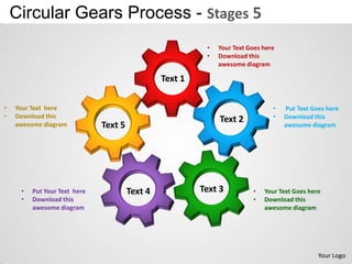 Circular Gears Process - Stages 5
                                                          •   Your Text Goes here
                                                          •   Download this
                                                              awesome diagram

                                                Text 1

•   Your Text here                                                              •   Put Text Goes here
•   Download this                                                               •   Download this
                                                              Text 2
    awesome diagram           Text 5                                                awesome diagram




     •   Put Your Text here            Text 4            Text 3          •   Your Text Goes here
     •   Download this                                                   •   Download this
         awesome diagram                                                     awesome diagram




                                                                                               Your Logo
 