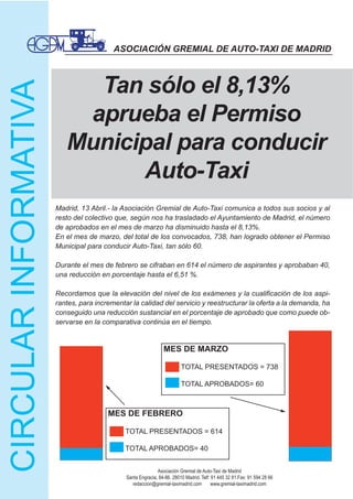 ASOCIACIÓN GREMIAL DE AUTO-TAXI DE MADRID



     Tan sólo el 8,13%
    aprueba el Permiso
   Municipal para conducir
         Auto-Taxi
Madrid, 13 Abril.- la Asociación Gremial de Auto-Taxi comunica a todos sus socios y al
resto del colectivo que, según nos ha trasladado el Ayuntamiento de Madrid, el número
de aprobados en el mes de marzo ha disminuido hasta el 8,13%.
En el mes de marzo, del total de los convocados, 738, han logrado obtener el Permiso
Municipal para conducir Auto-Taxi, tan sólo 60.

Durante el mes de febrero se cifraban en 614 el número de aspirantes y aprobaban 40,
una reducción en porcentaje hasta el 6,51 %.

Recordamos que la elevación del nivel de los exámenes y la cualificación de los aspi-
rantes, para incrementar la calidad del servicio y reestructurar la oferta a la demanda, ha
conseguido una reducción sustancial en el porcentaje de aprobado que como puede ob-
servarse en la comparativa continúa en el tiempo.


                                         MES DE MARZO

                                                  TOTAL PRESENTADOS = 738

                                                  TOTAL APROBADOS= 60



                 MES DE FEBRERO

                       TOTAL PRESENTADOS = 614

                       TOTAL APROBADOS= 40


                                      Asociación Gremial de Auto-Taxi de Madrid
                       Santa Engracia, 84-86. 28010 Madrid. Telf: 91 445 32 81.Fax: 91 594 28 66
                         redaccion@gremial-taximadrid.com         www.gremial-taximadrid.com
 