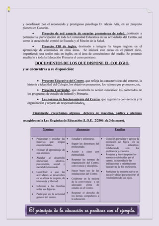y coordinado por el reconocido y prestigioso psicólogo D. Alexis Atta, en un proyecto
pionero en Canarias.
              Proyecto de red canaria de escuelas promotoras de salud, destinado a
potenciar la participación de toda la Comunidad Educativa en las actividades del Centro, así
como la creación del comité de Escuela y el Rincón de la Salud.
               Proyecto Clil de inglés, destinado a integrar la lengua inglesa en el
aprendizaje de contenidos en otras áreas. Se iniciará este curso en el primer ciclo,
impartiendo una sesión más en inglés, en el área de conocimiento del medio. Se pretende
ampliarlo a toda la Educación Primaria el curso próximo.
         DOCUMENTOS DE LOS QUE DISPONE EL COLEGIO,
y se encuentras a su disposición:


               Proyecto Educativo del Centro, que refleja las características del entorno, la
   historia e identidad del Colegio, los objetivos propuestos, los valores que promueve, etc.
              Proyecto Curricular, que desarrolla la acción educativa: los contenidos de
   los programas de estudio de Infantil y Primaria.
              Las normas de funcionamiento del Centro, que regulan la convivencia y la
   organización y reparto de responsabilidades.


        Finalmente, recordamos algunos            deberes de maestros, padres y alumnos

recogidos en la Ley Orgánica de Educación (L.O.E. 2/2006 de 3 de mayo).

               Maestros                    Alumnos/as                         Familias


          Programar y enseñar las      Estudiar y esforzarse.         Conocer, participar y apoyar la
          materias  que    tengan                                     evolución del hijo/a en su
          encomendadas.                Seguir las directrices del     proceso               educativo,
                                       profesorado.                   colaborando        con       los
          Evaluar el aprendizaje de                                   profesores y el centro.
          sus alumnos.                 Asistir a clase          con
                                       puntualidad.                   Respetar y hacer respetar las
          Atender al desarrollo                                       normas establecidas por el
          intelectual,    afectivo,    Respetar las normas de         centro, la autoridad y las
          psicomotriz, social y        organización del Centro,       indicaciones u orientaciones
          moral del alumnado.          convivencia y disciplina.      educativas de los profesores.
          Contribuir a que las         Hacer buen uso de las          Participar de manera activa en
          actividades se desarrollen   instalaciones del Centro.      las actividades para mejorar el
          en un clima de respeto, de   Colaborar en la mejora         rendimiento de sus hijos.
          tolerancia y libertad.       de la convivencia y un
          Informar a las familias      adecuado      clima   de
          sobre sus hijos/as.          estudio en el Centro.

          Participar en la actividad   Respetar el derecho de
          general del centro.          los demás compañeros a
                                       la educación.



    El principio de la educación es predicar con el ejemplo.
 