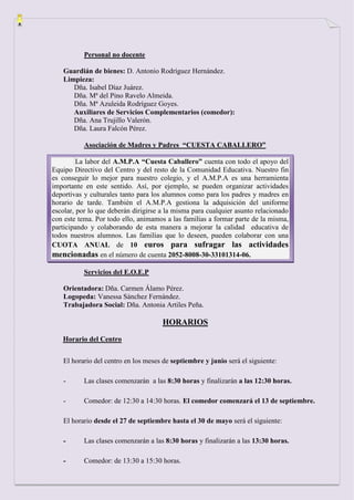 Personal no docente

   Guardián de bienes: D. Antonio Rodríguez Hernández.
   Limpieza:
      Dña. Isabel Díaz Juárez.
      Dña. Mª del Pino Ravelo Almeida.
      Dña. Mª Azuleida Rodríguez Goyes.
      Auxiliares de Servicios Complementarios (comedor):
      Dña. Ana Trujillo Valerón.
      Dña. Laura Falcón Pérez.

           Asociación de Madres y Padres “CUESTA CABALLERO”

         La labor del A.M.P.A “Cuesta Caballero” cuenta con todo el apoyo del
Equipo Directivo del Centro y del resto de la Comunidad Educativa. Nuestro fin
es conseguir lo mejor para nuestro colegio, y el A.M.P.A es una herramienta
importante en este sentido. Así, por ejemplo, se pueden organizar actividades
deportivas y culturales tanto para los alumnos como para los padres y madres en
horario de tarde. También el A.M.P.A gestiona la adquisición del uniforme
escolar, por lo que deberán dirigirse a la misma para cualquier asunto relacionado
con este tema. Por todo ello, animamos a las familias a formar parte de la misma,
participando y colaborando de esta manera a mejorar la calidad educativa de
todos nuestros alumnos. Las familias que lo deseen, pueden colaborar con una
CUOTA ANUAL de 10 euros para sufragar las actividades
mencionadas en el número de cuenta 2052-8008-30-33101314-06.

           Servicios del E.O.E.P

   Orientadora: Dña. Carmen Álamo Pérez.
   Logopeda: Vanessa Sánchez Fernández.
   Trabajadora Social: Dña. Antonia Artiles Peña.

                                      HORARIOS
   Horario del Centro


   El horario del centro en los meses de septiembre y junio será el siguiente:

   -       Las clases comenzarán a las 8:30 horas y finalizarán a las 12:30 horas.

   -       Comedor: de 12:30 a 14:30 horas. El comedor comenzará el 13 de septiembre.

   El horario desde el 27 de septiembre hasta el 30 de mayo será el siguiente:

   -       Las clases comenzarán a las 8:30 horas y finalizarán a las 13:30 horas.

   -       Comedor: de 13:30 a 15:30 horas.
 
