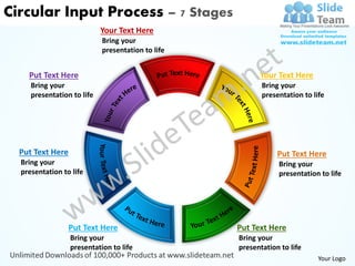 Circular Input Process – 7 Stages
                            Your Text Here
                            Bring your
                            presentation to life


    Put Text Here                                        Your Text Here
     Bring your                                           Bring your
     presentation to life                                 presentation to life




  Put Text Here                                                Put Text Here
  Bring your                                                   Bring your
  presentation to life                                         presentation to life




                  Put Text Here                    Put Text Here
                  Bring your                       Bring your
                  presentation to life             presentation to life
                                                                            Your Logo
 