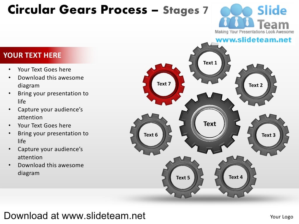 Circular interconnected gear pieces smart arts process stages 7 powe…