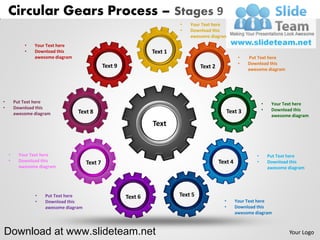 Circular Gears Process – Stages 9
                                                                 •   Your Text here
                                                                 •   Download this
                                                                     awesome diagram
            •   Your Text here
            •   Download this                           Text 1
                awesome diagram                                                              •    Put Text here
                                                                                             •    Download this
                                               Text 9                     Text 2                  awesome diagram




•       Put Text here                                                                                    •    Your Text here
•       Download this                                                                                    •    Download this
        awesome diagram           Text 8                                                 Text 3
                                                                                                              awesome diagram
                                                        Text


    •     Your Text here                                                                             •       Put Text here
    •     Download this               Text 7                                       Text 4            •       Download this
          awesome diagram                                                                                    awesome diagram




                •   Put Text here                                Text 5
                •   Download this                                                    •      Your Text here
                    awesome diagram                                                  •      Download this
                                                                                            awesome diagram



Download at www.slideteam.net                                                                                        Your Logo
 