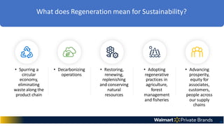 • Spurring a
circular
economy,
eliminating
waste along the
product chain
• Decarbonizing
operations
• Restoring,
renewing,
replenishing
and conserving
natural
resources
• Adopting
regenerative
practices in
agriculture,
forest
management
and fisheries
• Advancing
prosperity,
equity for
associates,
customers,
people across
our supply
chains
31
What does Regeneration mean for Sustainability?
 