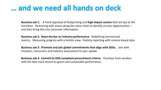 Business ask 1: A frank appraisal of footprinting and high impact sectors that are key to the
transition. Partnering with actors along the value chain to identify circular opportunities –
and then bring this into consumer information.
Business ask 2: Raise the bar on industry performance. Redefining harmonised
metrics. Measuring progress with a holistic view. Publicly reporting with science-based data.
Business ask 3: Promote and join global commitments that align with SDGs. Join with
investors, consumers and industry associations to spur uptake.
Business ask 4: Commit to SDG-compliant procurement criteria. Purchase from vendors
with the best track record on green and sustainable performance.
 