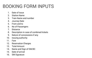 BOOKING FORM INPUTS
1.
2.
3.
4.
5.
6.
7.
8.
9.
10.
11.
12.
13.
14.
15.
16.

Date of issue
Station Name
Train Name and number
Journey Date
From and to
No of Passengers
Distance
Description in case of combined tickets
Nature of concessions if any
Issuing authority
Fare
Reservation Charges
Total Amount
Name and Sign of SM/BC
Date of arrival
SM Signature

 