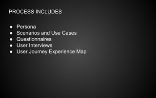 PROCESS INCLUDES
●
●
●
●
●

Persona
Scenarios and Use Cases
Questionnaires
User Interviews
User Journey Experience Map

 