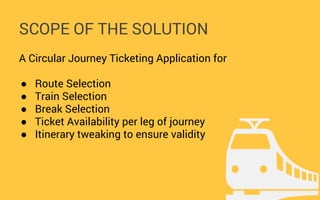 SCOPE OF THE SOLUTION
A Circular Journey Ticketing Application for
●
●
●
●
●

Route Selection
Train Selection
Break Selection
Ticket Availability per leg of journey
Itinerary tweaking to ensure validity

 