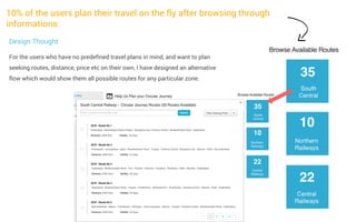 10% of the users plan their travel on the fly after browsing through
informations
Design Thought
For the users who have no predefined travel plans in mind, and want to plan
seeking routes, distance, price etc on their own, I have designed an alternative
flow which would show them all possible routes for any particular zone.

 