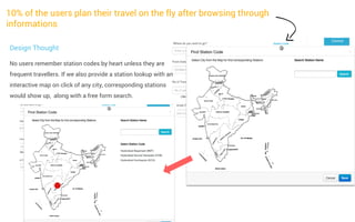 10% of the users plan their travel on the fly after browsing through
informations
Design Thought
No users remember station codes by heart unless they are
frequent travellers. If we also provide a station lookup with an
interactive map on click of any city, corresponding stations
would show up, along with a free form search.

 