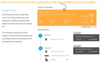 Show users the preview of their tasks and provide them flexibility to tweak if needed
Design Thought
Once itinerary is built, I would show
users a summary of their trips, their
breakpoints, additional services they
added into their breaks, the cost per leg
etc.
If the itinerary is going out of their
budget or timeline post all settings, they
can always tweak it at this phase before
proceeding to the booking.

 