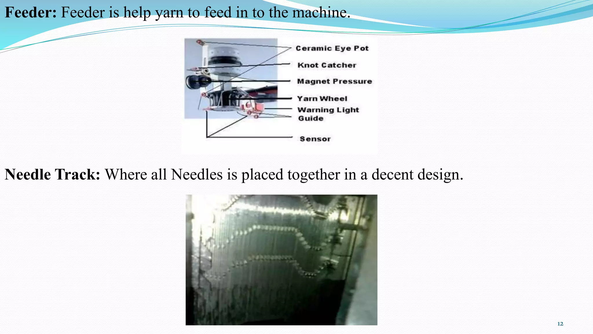 Feeder: Feeder is help yarn to feed in to the machine.
Needle Track: Where all Needles is placed together in a decent design.
12
 