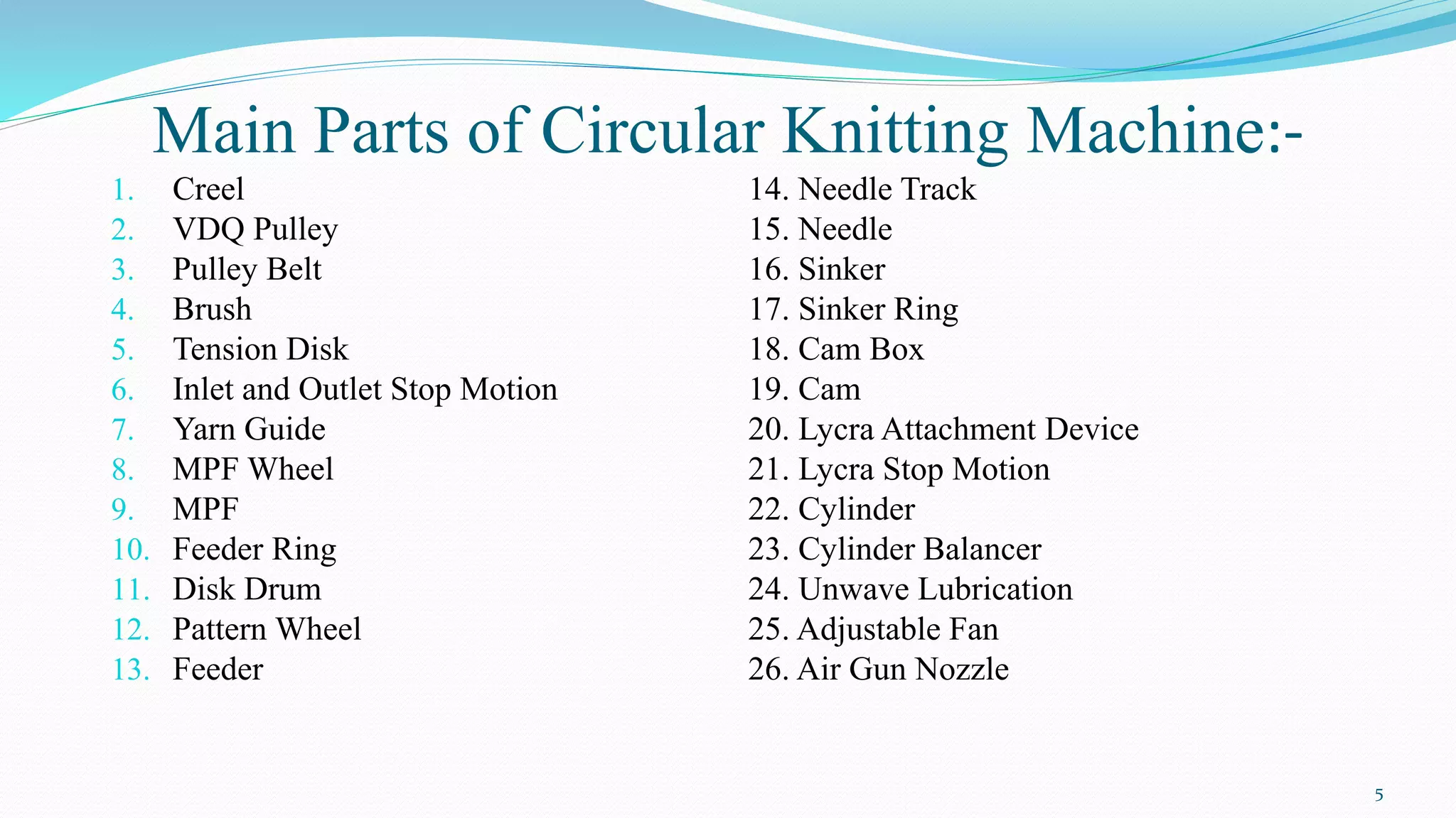 Main Parts of Circular Knitting Machine:-
1. Creel
2. VDQ Pulley
3. Pulley Belt
4. Brush
5. Tension Disk
6. Inlet and Outlet Stop Motion
7. Yarn Guide
8. MPF Wheel
9. MPF
10. Feeder Ring
11. Disk Drum
12. Pattern Wheel
13. Feeder
14. Needle Track
15. Needle
16. Sinker
17. Sinker Ring
18. Cam Box
19. Cam
20. Lycra Attachment Device
21. Lycra Stop Motion
22. Cylinder
23. Cylinder Balancer
24. Unwave Lubrication
25. Adjustable Fan
26. Air Gun Nozzle
5
 