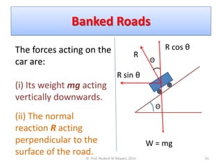 Banked Roads

The forces acting on the                                   R cos θ
                                              R
car are:                                           Θ

                                    R sin θ
(i) Its weight mg acting
vertically downwards.
                                                       Θ
(ii) The normal
reaction R acting
perpendicular to the                               W = mg
surface of the road.
                  © Prof. Mukesh N Tekwani, 2011                     55
 
