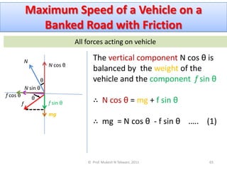 Maximum Speed of a Vehicle on a
                Banked Road with Friction
                                      All forces acting on vehicle

              N                              The vertical component N cos θ is
                            N cos θ
                                             balanced by the weight of the
                        θ                    vehicle and the component f sin θ
              N sin θ
f cos θ
          f
                  θ
                            f sin θ          ∴ N cos θ = mg + f sin θ
                            mg
                                             ∴ mg = N cos θ - f sin θ .…. (1)



                                          © Prof. Mukesh N Tekwani, 2011    65
 