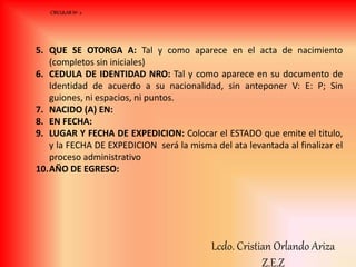 5. QUE SE OTORGA A: Tal y como aparece en el acta de nacimiento
(completos sin iniciales)
6. CEDULA DE IDENTIDAD NRO: Tal y como aparece en su documento de
Identidad de acuerdo a su nacionalidad, sin anteponer V: E: P; Sin
guiones, ni espacios, ni puntos.
7. NACIDO (A) EN:
8. EN FECHA:
9. LUGAR Y FECHA DE EXPEDICION: Colocar el ESTADO que emite el titulo,
y la FECHA DE EXPEDICION será la misma del ata levantada al finalizar el
proceso administrativo
10.AÑO DE EGRESO:
CIRCULAR Nº 2
Lcdo. Cristian Orlando Ariza
Z.E.Z
 