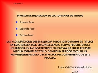 PROCESO DE LIQUIDACION DE LOS FORMATOS DE TITULOS
Primera Fase
Segunda Fase
Tercera Fase
LAS Y LOS DIRECTORES DEBEN LIQUIDAR TODOS LOS FORMATOS DE TITULOS
EN ESTA TERCERA FASE. EN CONSECUENCIA, Y COMO PRODUCTO DELA
LIQUIDACION, EN LAS INSTITUCIONES EDUCATIVAS NO PUEDE REPOSAR
NINGUN FORMATI DE TITULO, DE NINGUN PERIODO ESCOLAR. ES
RESPONSABILIDAD DE LA O EL DIRECTOR DEL CUMPLIMIENTO DE ESTE
PROCESO.
CIRCULAR Nº 2
Lcdo. Cristian Orlando Ariza
Z.E.Z
 