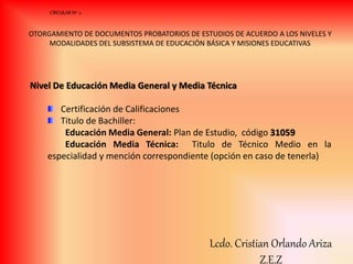 Nivel De Educación Media General y Media Técnica
Certificación de Calificaciones
Titulo de Bachiller:
Educación Media General: Plan de Estudio, código 31059
Educación Media Técnica: Titulo de Técnico Medio en la
especialidad y mención correspondiente (opción en caso de tenerla)
CIRCULAR Nº 2
OTORGAMIENTO DE DOCUMENTOS PROBATORIOS DE ESTUDIOS DE ACUERDO A LOS NIVELES Y
MODALIDADES DEL SUBSISTEMA DE EDUCACIÓN BÁSICA Y MISIONES EDUCATIVAS
Lcdo. Cristian Orlando Ariza
Z.E.Z
 