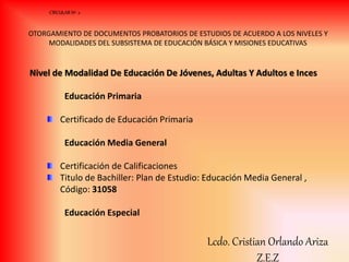 Nivel de Modalidad De Educación De Jóvenes, Adultas Y Adultos e Inces
Educación Primaria
Certificado de Educación Primaria
Educación Media General
Certificación de Calificaciones
Titulo de Bachiller: Plan de Estudio: Educación Media General ,
Código: 31058
Educación Especial
CIRCULAR Nº 2
OTORGAMIENTO DE DOCUMENTOS PROBATORIOS DE ESTUDIOS DE ACUERDO A LOS NIVELES Y
MODALIDADES DEL SUBSISTEMA DE EDUCACIÓN BÁSICA Y MISIONES EDUCATIVAS
Lcdo. Cristian Orlando Ariza
Z.E.Z
 