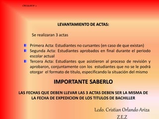 LEVANTAMIENTO DE ACTAS:
Se realizaran 3 actas
Primera Acta: Estudiantes no cursantes (en caso de que existan)
Segunda Acta: Estudiantes aprobados en final durante el periodo
escolar actual
Tercera Acta: Estudiantes que asistieron al proceso de revisión y
aprobaron, conjuntamente con los estudiantes que no se le podrá
otorgar el formato de titulo, especificando la situación del mismo
IMPORTANTE SABERLO
LAS FECHAS QUE DEBEN LLEVAR LAS 3 ACTAS DEBEN SER LA MISMA DE
LA FECHA DE EXPEDICION DE LOS TITULOS DE BACHILLER
CIRCULAR Nº 2
Lcdo. Cristian Orlando Ariza
Z.E.Z
 