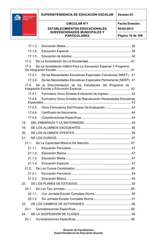SUPERINTENDENCIA DE EDUCACIÓN ESCOLAR                                              Versión:01

                                               CIRCULAR N°1                                            Fecha Emisión:
                           ESTABLECIMIENTOS EDUCACIONALES                                              04-02-2013
                            SUBVENCIONADOS MUNICIPALES Y
                                    PARTICULARES                                                       Página 10 de 109


      17.1.3.       Educación Media. ........................................................................... 38
      17.1.4.       Educación Especial. ....................................................................... 38
      17.1.5.       Educación de Adultos. .................................................................... 40
  17.2.       De La Acreditación De La Escolaridad. ................................................ 41
  17.3. De La Acreditación Déficit Para La Educación Especial Y Programa
  De Integración Escolar. ..................................................................................... 41
      17.3.1.       De las Necesidades Educativas Especiales Transitorias (NEET). . 41
      17.3.2.       De las Necesidades Educativas Especiales Permanente (NEEP). 41
  17.4. De la Documentación de los Estudiantes del Programa de
  Integración Escolar y Educación Especial. ........................................................ 42
      17.4.1.       Formulario Único Síntesis Evaluación de Ingreso. ......................... 42
      17.4.2. Formulario Único Síntesis de Reevaluación Necesidades Educativas
      Especiales. ..................................................................................................... 43
      17.4.3.       Otros Formularios Del Proceso De Evaluación: ............................. 44
      17.4.4.       Certificado de Nacimiento. ............................................................. 44
      17.4.5.       Consideraciones Específicas. ........................................................ 44
18.      DEL EMBARAZO Y LA MATERNIDAD. ..................................................... 45
19.      DE LOS ALUMNOS EXCEDENTES........................................................... 46
20.      DE LOS ALUMNOS OYENTES. ................................................................. 46
21.      DE LOS CURSOS. ..................................................................................... 47
  21.1.       De La Capacidad Máxima De Atención. ............................................... 47
      21.1.1.       Educación Parvularia...................................................................... 47
      21.1.2.       Educación Básica. .......................................................................... 47
      21.1.3.       Educación Media. ........................................................................... 47
      21.1.4.       Educación Especial. ....................................................................... 47
  21.2.       De Los Cursos Combinados. ................................................................ 49
      21.2.1.       Educación Parvularia...................................................................... 49
      21.2.2.       Educación Básica. .......................................................................... 49
22.      DE LOS PLANES DE ESTUDIOS. ............................................................. 50
  22.1.       De Los Tipo Jornada. ............................................................................ 50
      22.1.1.       Con Jornada Escolar Completa Diurna. ......................................... 50
      22.1.2.       Sin Jornada Escolar Completa Diurna............................................ 51
23.      DE LOS CAMBIOS DE ACTIVIDADES. ..................................................... 56
  23.1.       Consideraciones Específicas. ............................................................... 56
24.      DE LA SUSPENSIÓN DE CLASES. ........................................................... 56
  24.1.       Consideraciones Específicas. ............................................................... 56


                                         División de Fiscalización
                                  Superintendencia de Educación Escolar
 