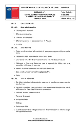 SUPERINTENDENCIA DE EDUCACIÓN ESCOLAR                Versión:01

                                  CIRCULAR N°1                     Fecha Emisión:
                   ESTABLECIMIENTOS EDUCACIONALES                  04-02-2013
                    SUBVENCIONADOS MUNICIPALES Y
                            PARTICULARES                           Página 100 de 109


36.1.4.       Educación Media.

36.1.4.1.     Área Administrativa.

    Oficina para la dirección.

    Oficina administrativa.

    Una sala de profesores.

    Oficina inspectoría en locales con más de 7 aulas.

    Portería.

36.1.4.2.     Área Docente.

    Aulas, en número igual a la cantidad de grupos cursos que asisten en cada
     turno.

    Laboratorio taller, en locales de hasta cuatro aulas.

    Laboratorio con gabinete o closet en locales con más de cuatro aulas.

    Biblioteca o Centro de Recursos para el Aprendizaje (CRA), con una
     capacidad mínima de 30 alumnos.

    Taller o multitaller en locales con más de cuatro aulas.

    Sala para la Unidad Técnico Pedagógica (UTP).

    Patio.

36.1.4.3.     Área de Servicios.

    Servicios higiénicos independientes para uso de los alumnos y para uso de
     las alumnas.

    Servicios higiénicos, de conformidad a los Decretos del Ministerio de Salud
     y Ministerio de Vivienda y Urbanismo para uso de:

    Personal docente y administrativo

    Personal de servicio

    Manipulador(es)

    Bodega.

    Patio de servicio.

    Cuando se considere entrega del servicio de alimentación se deberán exigir
     los siguientes recintos:



                              División de Fiscalización
                       Superintendencia de Educación Escolar
 