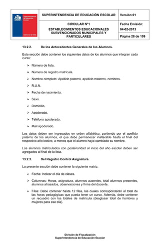 SUPERINTENDENCIA DE EDUCACIÓN ESCOLAR                Versión:01

                                 CIRCULAR N°1                      Fecha Emisión:
                  ESTABLECIMIENTOS EDUCACIONALES                   04-02-2013
                   SUBVENCIONADOS MUNICIPALES Y
                           PARTICULARES                            Página 28 de 109


13.2.2.      De los Antecedentes Generales de los Alumnos.

Esta sección debe contener los siguientes datos de los alumnos que integran cada
curso:

    Número de lista.

    Número de registro matrícula.

    Nombre completo: Apellido paterno, apellido materno, nombres.

    R.U.N.

    Fecha de nacimiento.

    Sexo.

    Domicilio.

    Apoderado.

    Teléfono apoderado.

    Mail apoderado.

Los datos deben ser ingresados en orden alfabético, partiendo por el apellido
paterno de los alumnos, el que debe permanecer inalterable hasta el final del
respectivo año lectivo, a menos que el alumno haya cambiado su nombre.

Los alumnos matriculados con posterioridad al inicio del año escolar deben ser
agregados al final de la lista.

13.2.3.      Del Registro Control Asignatura.

La presente sección debe contener la siguiente matriz:

    Fecha: Indicar el día de clases.

    Columnas: Horas, asignatura, alumnos ausentes, total alumnos presentes,
     alumnos atrasados, observaciones y firma del docente.

    Filas: Debe contener hasta 12 filas, las cuales corresponderán al total de
     las horas pedagógicas que pueda tener un curso. Además, debe contener
     un recuadro con los totales de matrícula (desglosar total de hombres y
     mujeres para ese día).




                               División de Fiscalización
                        Superintendencia de Educación Escolar
 
