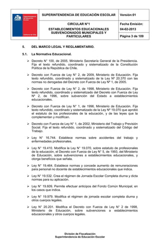 SUPERINTENDENCIA DE EDUCACIÓN ESCOLAR                 Versión:01

                                 CIRCULAR N°1                        Fecha Emisión:
                    ESTABLECIMIENTOS EDUCACIONALES                   04-02-2013
                     SUBVENCIONADOS MUNICIPALES Y
                             PARTICULARES                            Página 3 de 109


5.      DEL MARCO LEGAL Y REGLAMENTARIO.

5.1.    La Normativa Educacional.

      Decreto N° 100, de 2005, Ministerio Secretaría General de la Presidencia.
       Fija el texto refundido, coordinado y sistematizado de la Constitución
       Política de la República de Chile.

      Decreto con Fuerza de Ley N° 2, de 2009, Ministerio de Educación. Fija
       texto refundido, coordinado y sistematizado de la Ley Nº 20.370 con las
       normas no derogadas del Decreto con Fuerza de Ley Nº 1, de 2005.

      Decreto con Fuerza de Ley N° 2, de 1998, Ministerio de Educación. Fija
       texto refundido, coordinado y sistematizado del Decreto con Fuerza de Ley
       Nº 2, de 1996, sobre subvención del Estado a establecimientos
       educacionales.

      Decreto con Fuerza de Ley N° 1, de 1996, Ministerio de Educación. Fija
       texto refundido, coordinado y sistematizado de la Ley Nº 19.070 que aprobó
       el estatuto de los profesionales de la educación, y de las leyes que la
       complementan y modifican.

      Decreto con Fuerza de Ley N° 1, de 2002, Ministerio del Trabajo y Previsión
       Social. Fija el texto refundido, coordinado y sistematizado del Código del
       Trabajo.

      Ley N° 16.744. Establece normas sobre accidentes del trabajo y
       enfermedades profesionales.

      Ley N° 19.410. Modifica la Ley N° 19.070, sobre estatuto de profesionales
       de la educación, el Decreto con Fuerza de Ley N° 5, de 1993, del Ministerio
       de Educación, sobre subvenciones a establecimientos educacionales, y
       otorga beneficios que señala.

      Ley N° 19.464. Establece normas y concede aumento de remuneraciones
       para personal no docente de establecimientos educacionales que indica.

      Ley N° 19.532. Crea el régimen de Jornada Escolar Completa diurna y dicta
       normas para su aplicación.

      Ley N° 19.609. Permite efectuar anticipos del Fondo Común Municipal, en
       los casos que indica.

      Ley N° 19.979. Modifica el régimen de jornada escolar completa diurna y
       otros cuerpos legales.

      Ley N° 20.201. Modifica el Decreto con Fuerza de Ley N° 2 de 1998,
       Ministerio de Educación, sobre subvenciones a establecimientos
       educacionales y otros cuerpos legales.




                               División de Fiscalización
                        Superintendencia de Educación Escolar
 