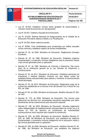 SUPERINTENDENCIA DE EDUCACIÓN ESCOLAR               Versión:01

                            CIRCULAR N°1                      Fecha Emisión:
              ESTABLECIMIENTOS EDUCACIONALES                  04-02-2013
               SUBVENCIONADOS MUNICIPALES Y
                       PARTICULARES                           Página 4 de 109


 Ley N° 20.422. Establece normas sobre igualdad de oportunidades e
  inclusión social de personas con discapacidad.

 Ley N° 20.501. Calidad y Equidad de la Educación.

 Ley N° 20.529. Sistema Nacional de Aseguramiento de la Calidad de la
  Educación Parvularia, Básica y Media y su Fiscalización.

 Ley N° 20.536. Sobre violencia escolar.

 Ley N° 20594. Crea inhabilidades para condenados por delitos sexuales
  contra menores y establece registro de dichas inhabilidades.

 Decreto N° 24, de 2005, Ministerio de Educación. Reglamenta Consejos
  Escolares.

 Decreto N° 40, de 1996, Ministerio de Educación. Establece objetivos
  fundamentales y contenidos mínimos obligatorios para la educación básica
  y fija normas generales para su aplicación.

 Decreto N° 47, de 1992, Ministerio de Vivienda y Urbanismo. Fija nuevo
  texto de la ordenanza general de la Ley General de Urbanismo y
  Construcciones.

 Decreto N° 53, de 2011, Ministerio de Educación. Establece elementos de
  enseñanza y material didáctico mínimos con que deben contar los
  establecimientos educacionales para obtener y mantener el reconocimiento
  oficial del estado.

 Decreto N° 55, de 2012, Ministerio de Educación. Reglamenta pago de la
  subvención establecida en el artículo 9 bis del Decreto Con Fuerza De Ley
  Nº2, de 1998.

 Decreto N° 65, de 2002, Ministerio de Educación. Modifica Decreto Nº 453,
  de 1991.

 Decreto N° 170, de 2009, Ministerio de Educación. Fija normas para
  determinar los alumnos con necesidades educativas especiales que serán
  beneficiarios de las subvenciones para educación especial.

 Decreto N° 196, de 2005, Ministerio de Educación. Aprueba reglamento
  sobre obligatoriedad de establecimientos educacionales de contar con a lo
  menos un 15% de alumnos en condiciones de vulnerabilidad
  socioeconómica como requisito para impetrar la subvención.

 Decreto N° 254, de 2009, Ministerio de Educación. Modifica Decreto N°
  220, de 1998, del Ministerio de Educación, que establece los objetivos
  fundamentales y contenidos mínimos obligatorios de la educación media y
  fija normas generales para su aplicación.

 Decreto N° 256, de 2009, Ministerio de Educación. Modifica Decreto N° 40,
  de 1996, del Ministerio de Educación, que establece los objetivos


                          División de Fiscalización
                   Superintendencia de Educación Escolar
 